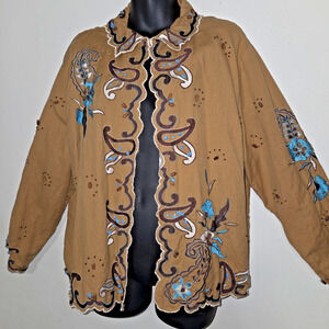 Alex Kim Blazer Jacket Top 2X Linen Blend Embroidered Beaded Artsy Scalloped VTG